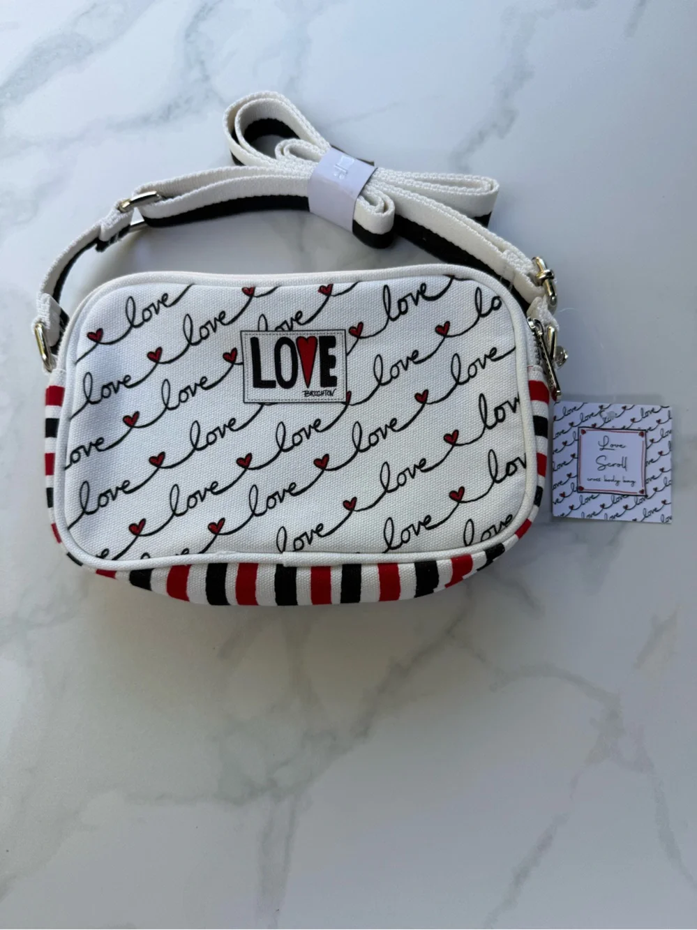Brighton Love Scroll Canvas Crossbody Bag Heart Stripe Red White Black, NWT